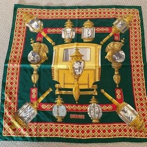 Rare! Authentic Hermes Feux De Route Vintage 90cm Green Red Silk Scarf